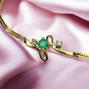 18K Gold Colombian Emerald & Diamond Bracelet- 750 Gold -6.5"- Herringbone -2.6g